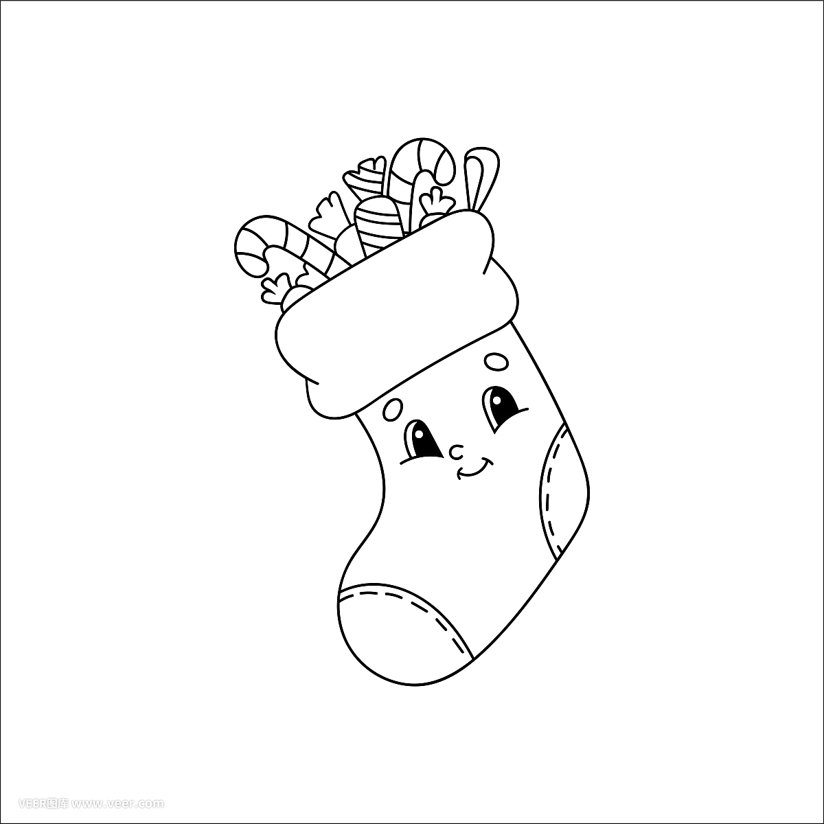 裝有禮物的圣誕襪。兒童涂色書。開朗的性格。矢量插圖。可愛的卡通風(fēng)格。兒童幻想頁面。黑色的輪廓剪影。孤立在白色背景上。